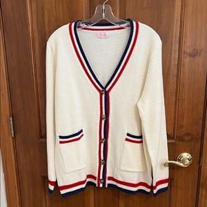 Pink Lily Cream Cardigan with Red and Blue Trim